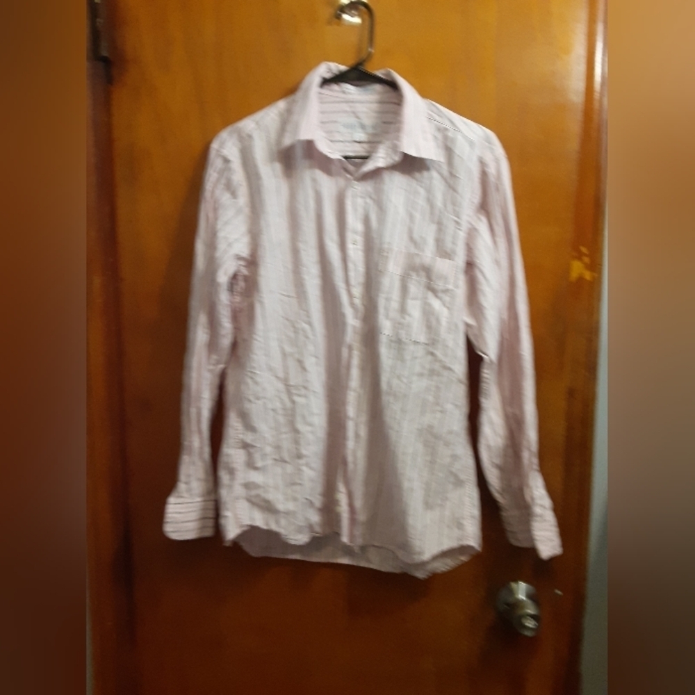 Perry Ellis Men's Button Down Shirt Pink Stripe Size 15.5 Casual Dress Shirt